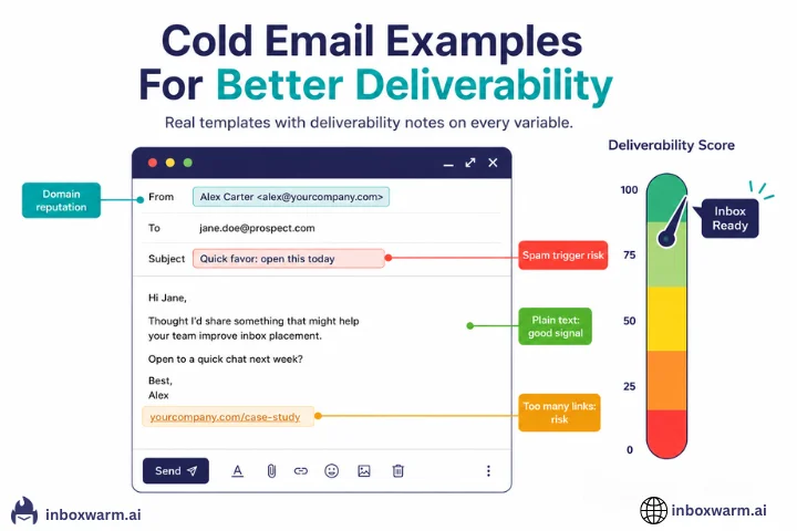 Cold email examples with deliverability notes: annotated cold email templates showing how each element affects inbox placement
