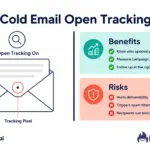 Cold email open tracking: illustration showing a tracking pixel inside an email envelope with a benefits and risks split visual