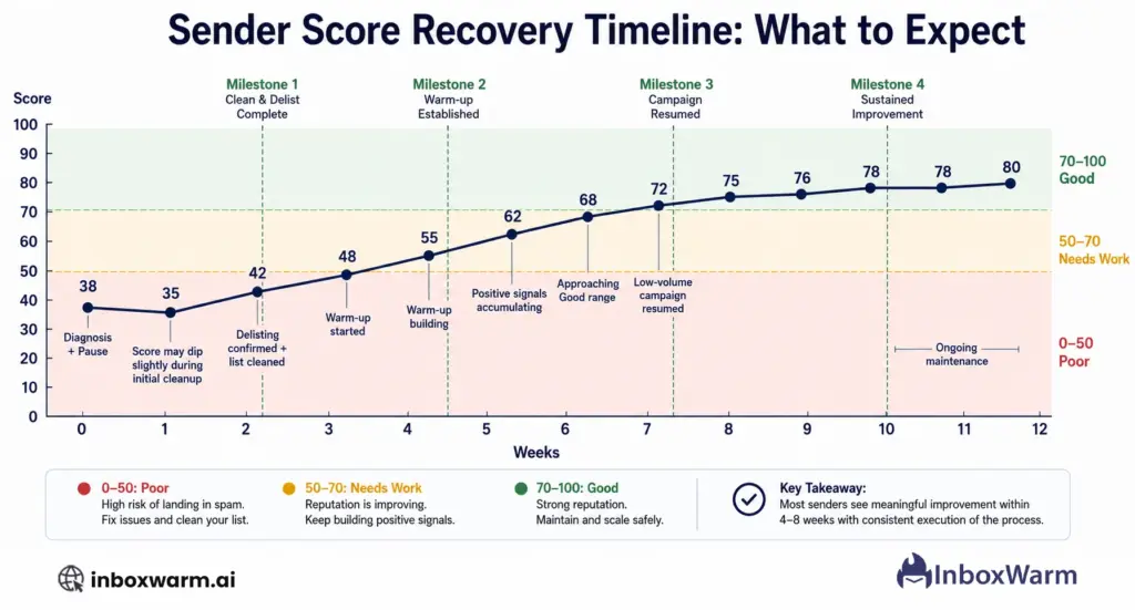 Sender score recovery timeline chart showing score improvement from 38 to 78 over 12 weeks following the 10-step recovery process