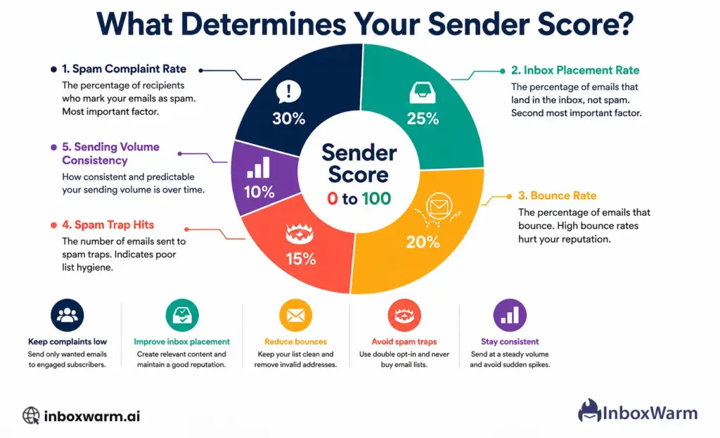 Sender score calculation factors: five factors shown as weighted segments including spam complaint rate, inbox placement rate, bounce rate, spam trap hits, and sending volume consistency 