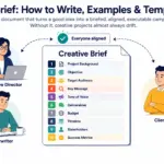 Creative brief guide: illustrated document showing the 10 key elements of a creative brief with annotations for project background, audience, messaging, and deliverables