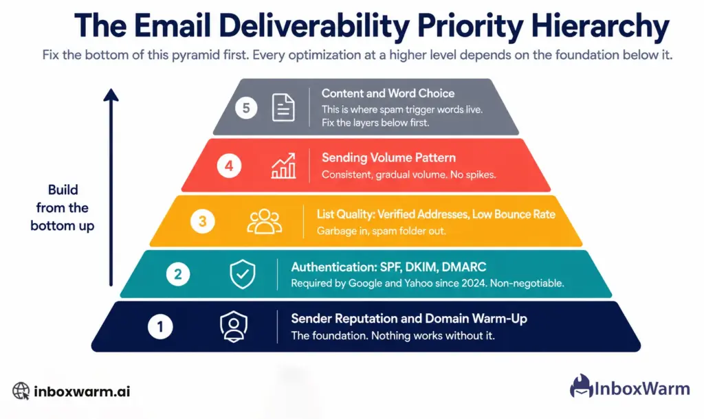 Email deliverability priority pyramid 2026: showing sender reputation at the top as most important, with spam trigger words at the bottom as a secondary consideration