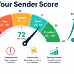 Sender score explained: gauge meter showing scores from 0 to 100 with zones for Poor, Low, Neutral, Good, and Excellent, with an upward improvement arrow