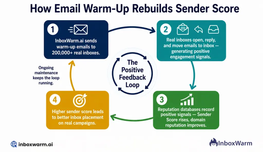 Email warm-up sender score mechanism: diagram showing how warm-up generates positive engagement signals that feed into sender score calculation and improve inbox placement