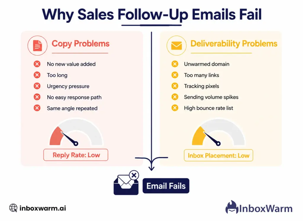 Why sales follow-up emails fail: diagram showing copy problems on the left and deliverability problems on the right