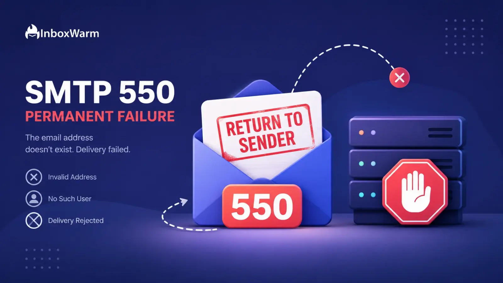 Diagram of a 550 permanent failure error showing an email bounced back from a mail server