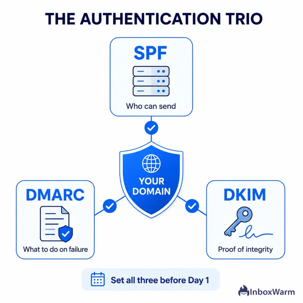 Diagram of SPF, DKIM, and DMARC email authentication records protecting a sending domain before warm up begins