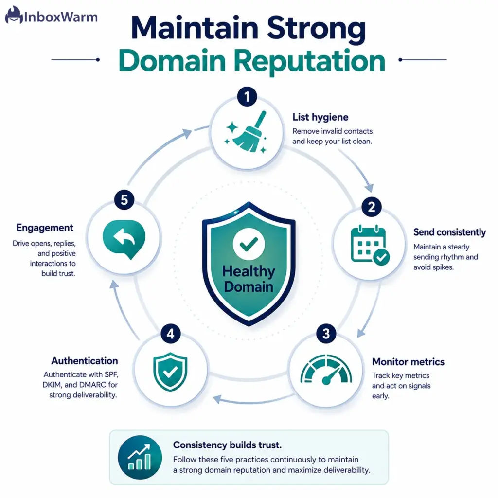 Circular infographic of five habits that maintain a strong domain reputation: list hygiene, consistent sending, monitoring, authentication, and engagement
