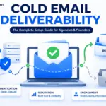 Illustration showing the cold email deliverability journey from domain setup and authentication to successful inbox placement