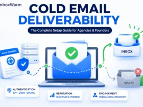 Illustration showing the cold email deliverability journey from domain setup and authentication to successful inbox placement