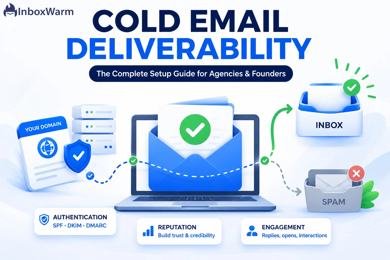 Illustration showing the cold email deliverability journey from domain setup and authentication to successful inbox placement