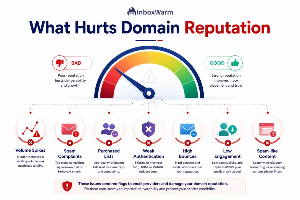 Infographic listing seven common causes of poor domain reputation, including spam complaints, purchased lists, and weak authentication