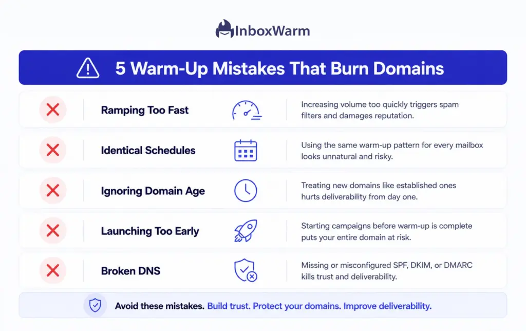 Checklist of five common multi-domain warm-up mistakes that hurt email deliverability across domains