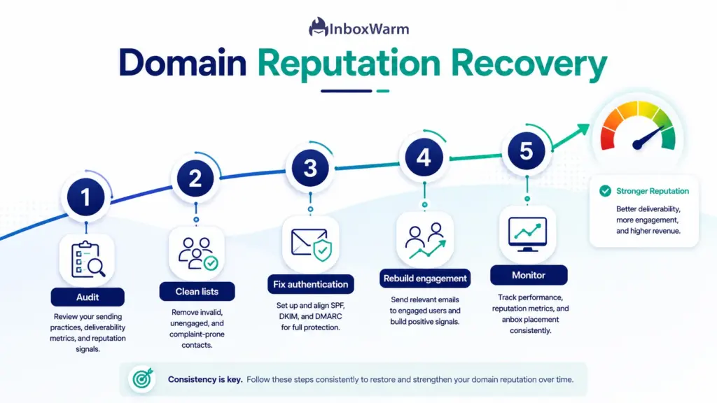 Five-step roadmap for domain reputation recovery: audit, clean lists, fix authentication, rebuild engagement, and monitor