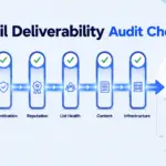Email deliverability audit pipeline showing five checkpoints leading to inbox placement
