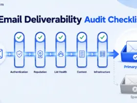 Email deliverability audit pipeline showing five checkpoints leading to inbox placement