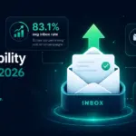 Email Deliverability Statistics 2026 hero banner showing inbox placement benchmarks, average inbox rates, spam rate data, and B2B SaaS email deliverability metrics