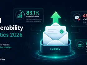 Email Deliverability Statistics 2026 hero banner showing inbox placement benchmarks, average inbox rates, spam rate data, and B2B SaaS email deliverability metrics
