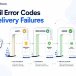 Diagram of an email passing authentication and reputation checkpoints before reaching the inbox, illustrating email error codes and delivery failures