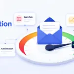Email reputation check gauge showing a healthy sender reputation score in the green zone