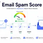 Hero illustration of an email passing spam filters with a low email spam score gauge