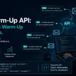 Developer integrating an email warm-up API into a cold outreach application, with API endpoints, email workflow automation, and deliverability infrastructure visualized through connected email icons and code editor interfaces