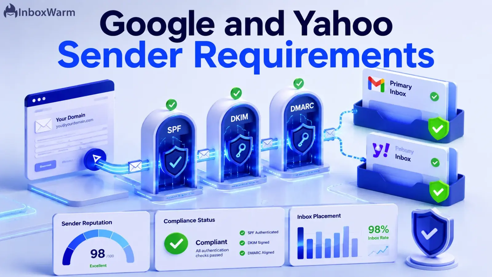 Email authentication process showing SPF, DKIM, DMARC verification before delivery to Gmail and Yahoo inboxes