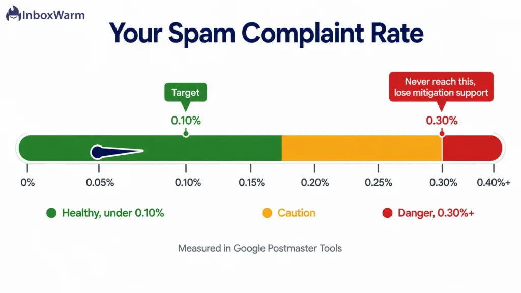Meter showing the recommended spam complaint rate under 0.10% and the 0.30% ceiling for Google sender requirements