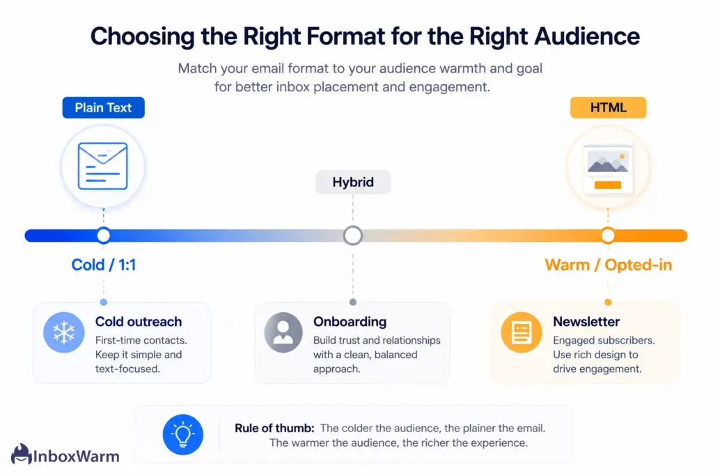 Spectrum graphic mapping email use cases from plain text to HTML for best inbox placement