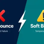 Split-screen infographic comparing hard bounce and soft bounce email failures, highlighting permanent delivery errors versus temporary delivery issues in email deliverability