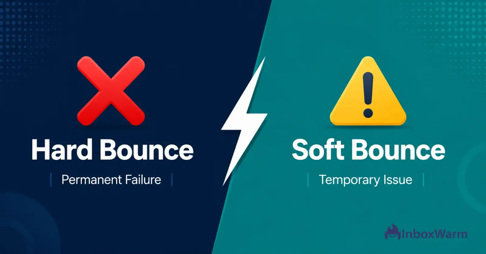 Split-screen infographic comparing hard bounce and soft bounce email failures, highlighting permanent delivery errors versus temporary delivery issues in email deliverability