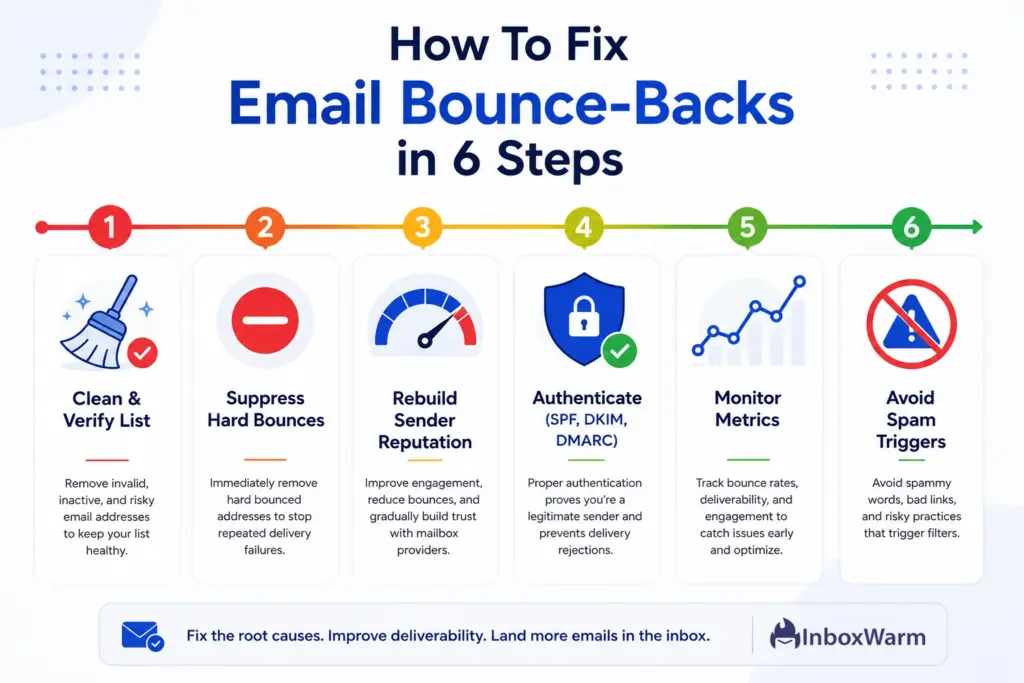 Six-step checklist showing how to fix email bounce-backs