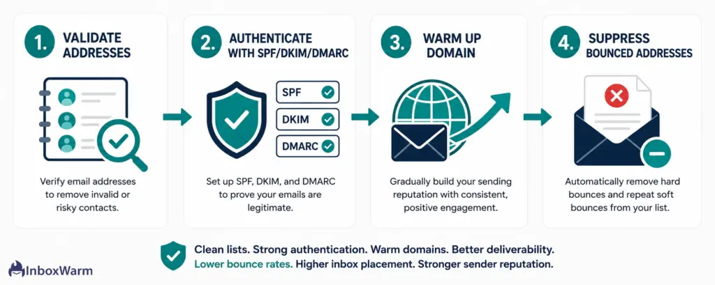 Four-step infographic showing how to reduce email bounce rates through address validation, SPF/DKIM/DMARC authentication, domain warm-up, and suppression of bounced addresses