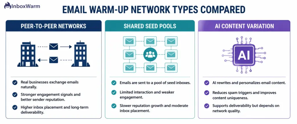Three-column infographic comparing email warm-up network types: peer-to-peer networks, shared seed pools, and AI content variation