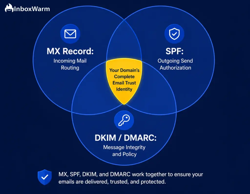 Venn diagram illustrating how MX records, SPF, DKIM, and DMARC work together to create a domain’s complete email trust identity, combining email routing, sender authorization, and message authentication
