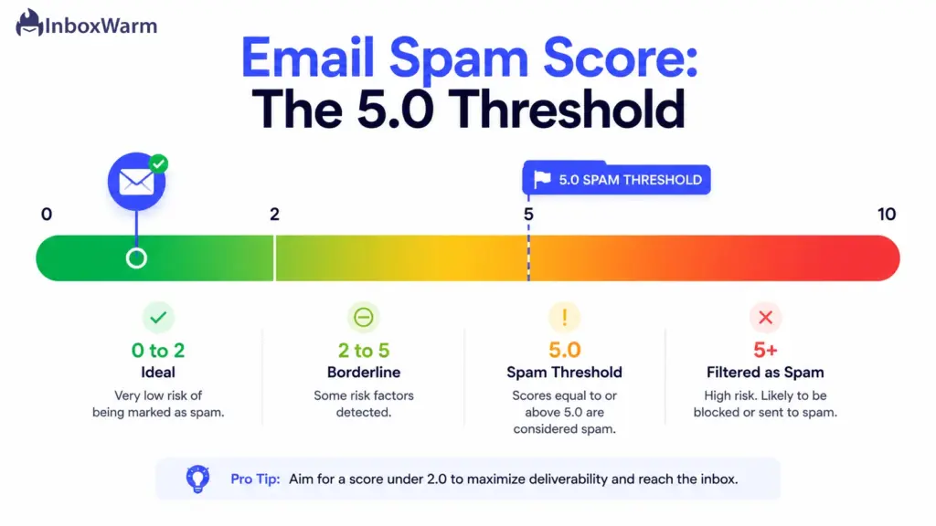Email spam score scale showing the SpamAssassin 5.0 spam threshold and ideal score range