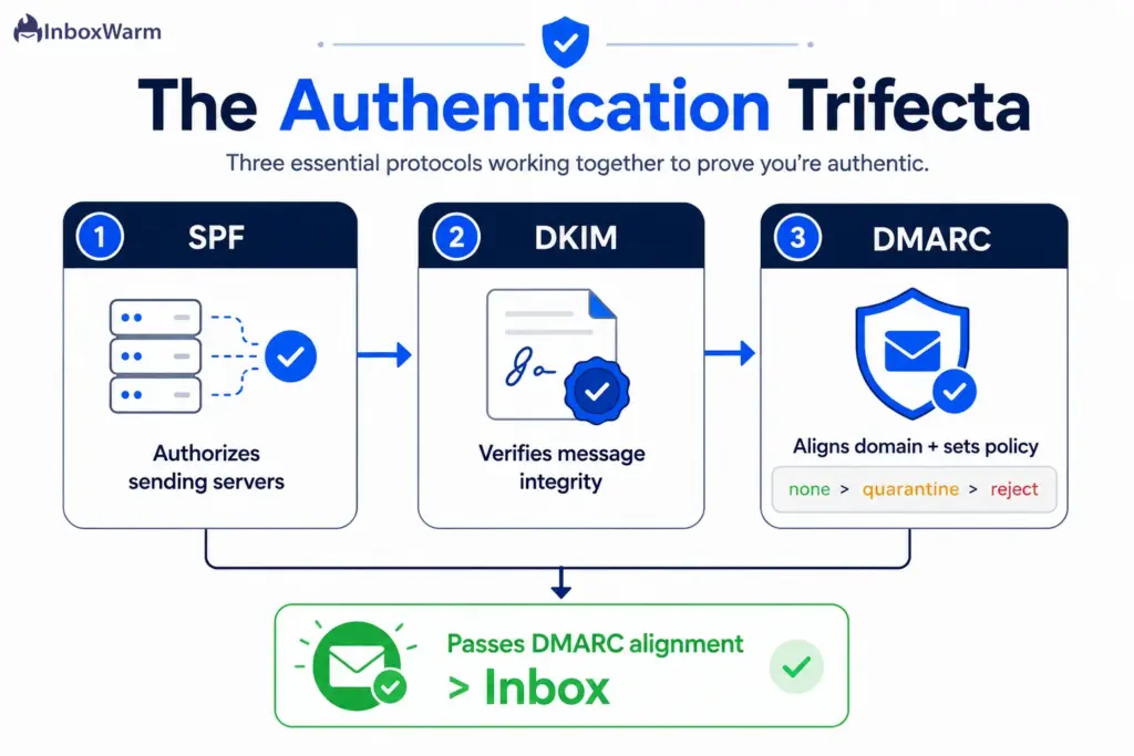 Diagram of SPF, DKIM, and DMARC working together as the email authentication trifecta for cold outreach