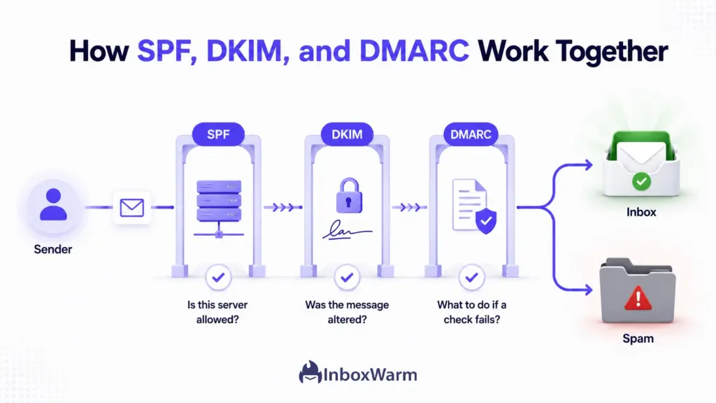 Flow diagram of SPF, DKIM, and DMARC authentication checks deciding inbox or spam placement