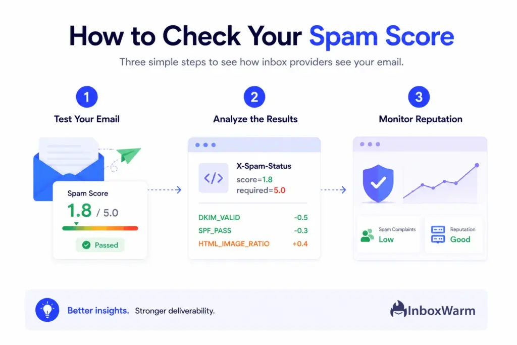 Three-step visual guide showing how to check an email spam score using spam testing, score analysis, and reputation monitoring tools
