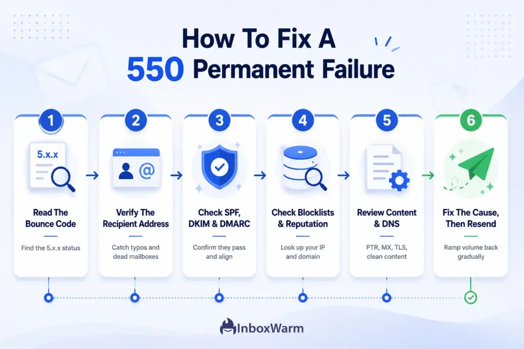 Horizontal six-step flowchart showing how to fix a 550 permanent failure error