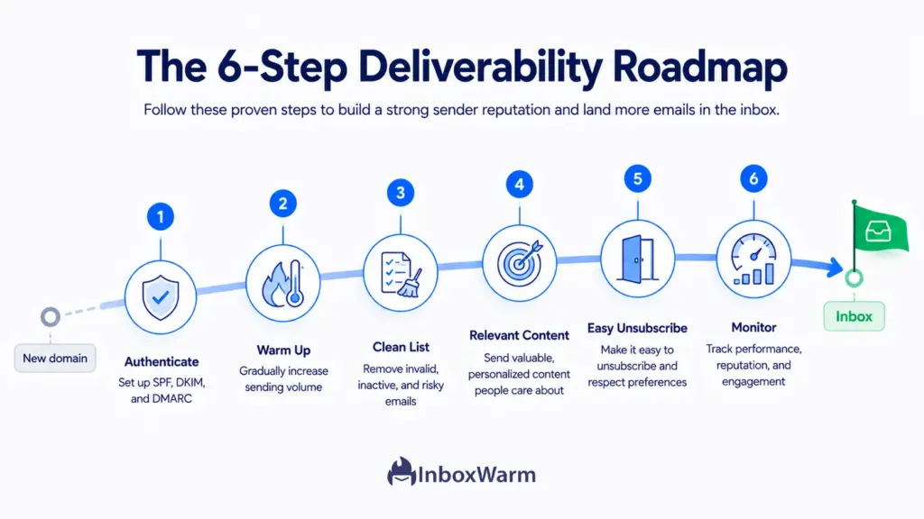 Six-step roadmap to improve email deliverability in 2026: authenticate, warm up, clean list, send relevant content, add unsubscribe, and monitor