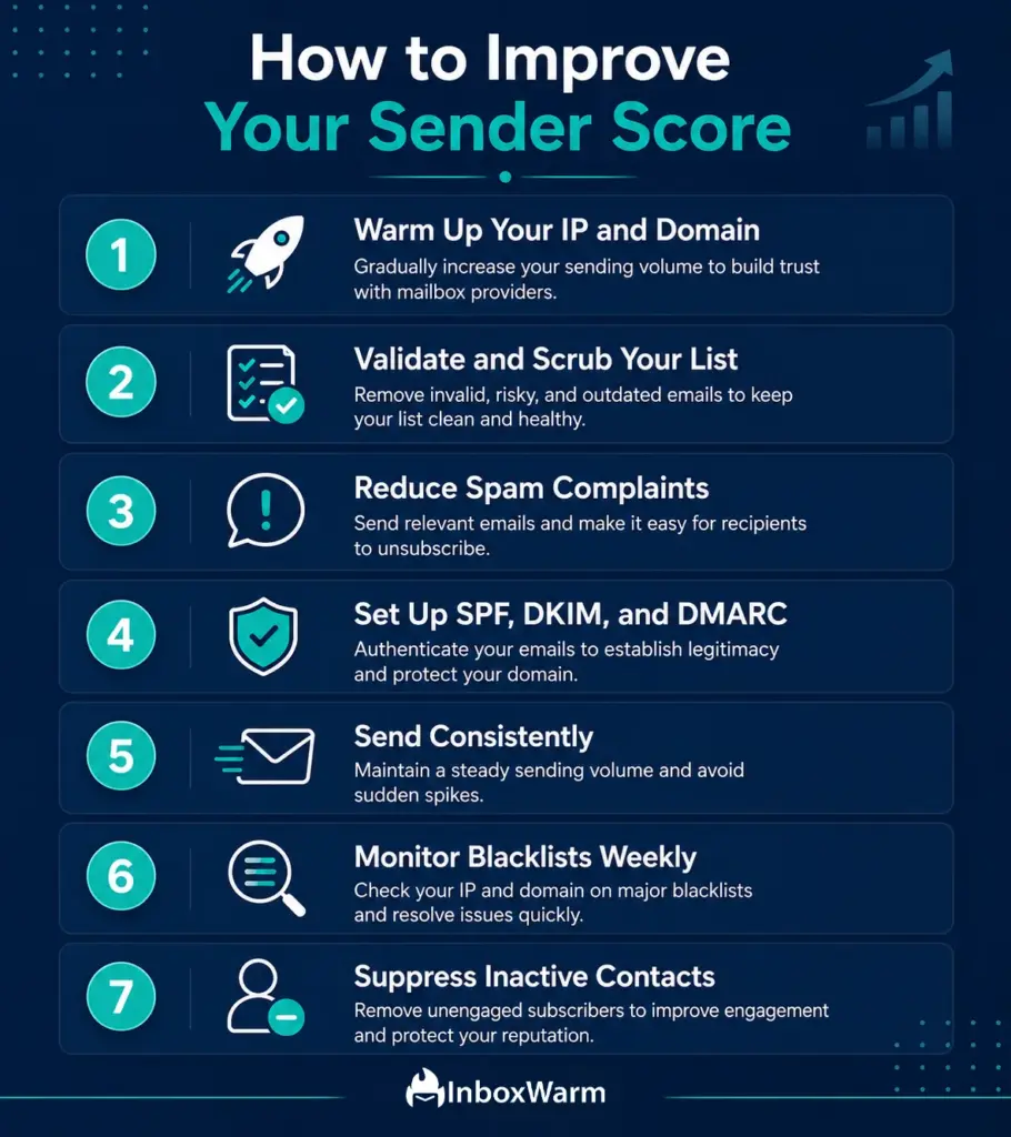 Seven-step checklist infographic showing how to improve Sender Score through IP warming, list validation, spam complaint reduction, email authentication, consistent sending, blacklist monitoring, and inactive contact suppression