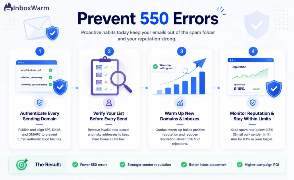 Infographic showing four key strategies to prevent SMTP 550 email delivery errors and protect sender reputation