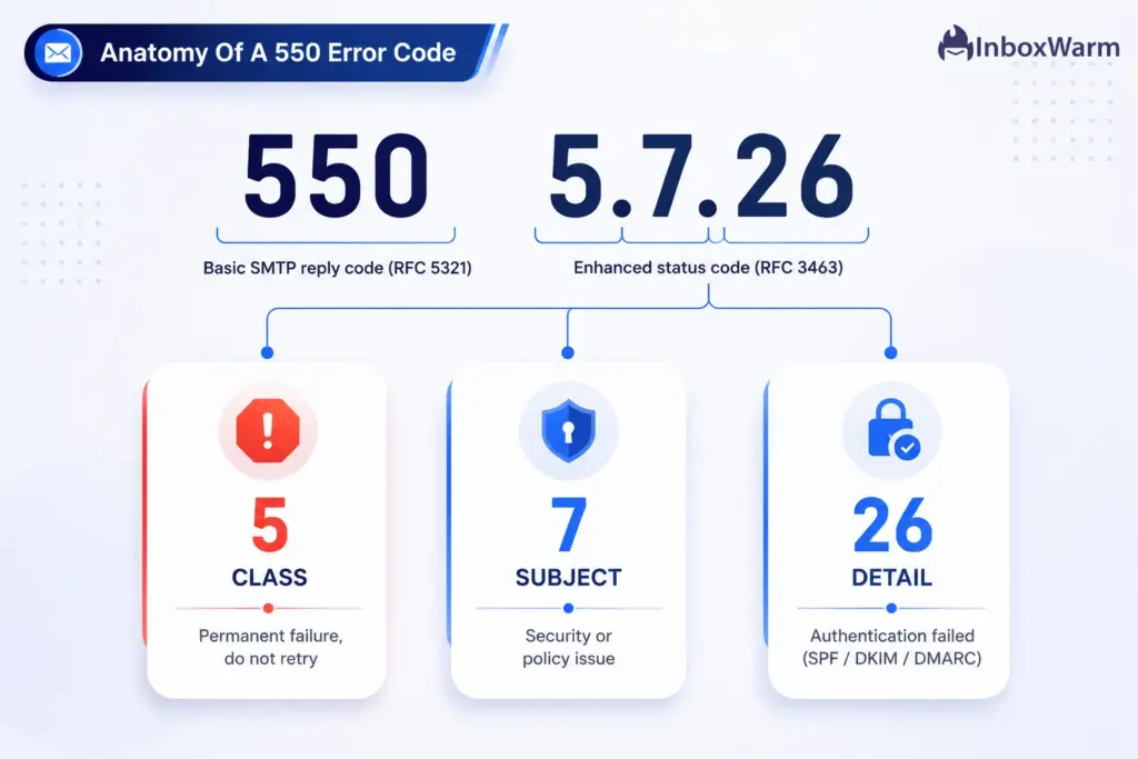 Infographic decoding the enhanced status code 550 5.7.26 into class, subject, and detail