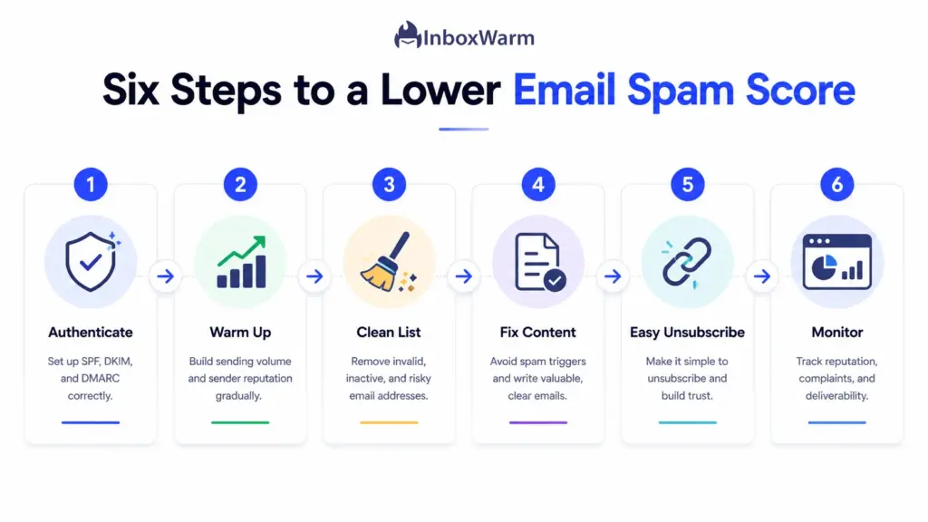 Six-step process diagram for reducing your email spam score, from authentication to monitoring