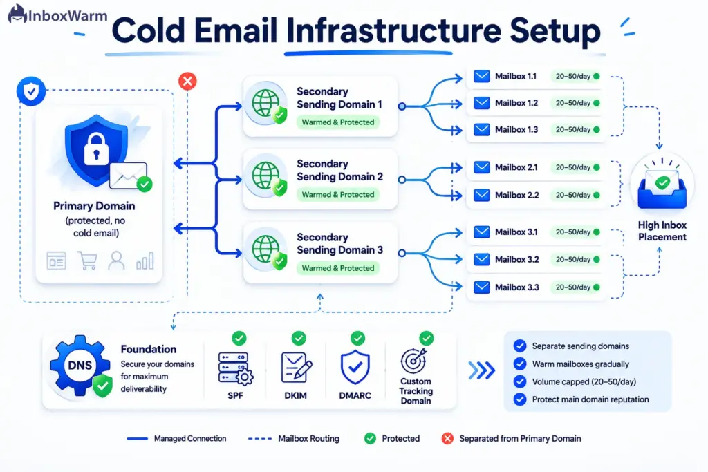 Architecture diagram showing cold email infrastructure with a protected primary domain separated from multiple secondary sending domains and capped mailboxes