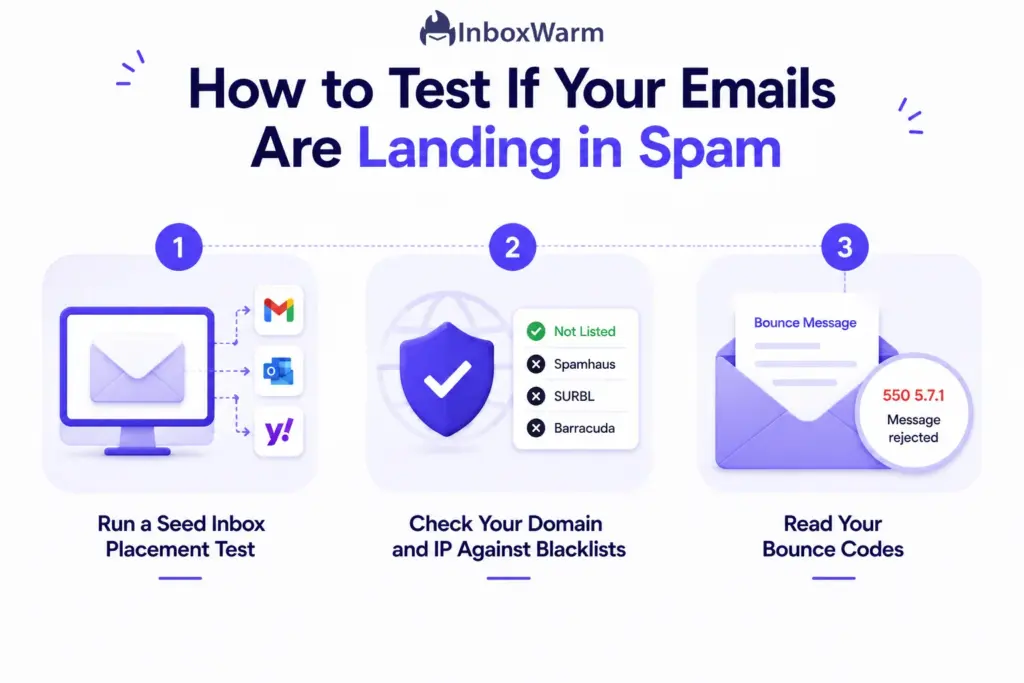 Three-step email deliverability test showing inbox placement, blacklist checks, and bounce code analysis