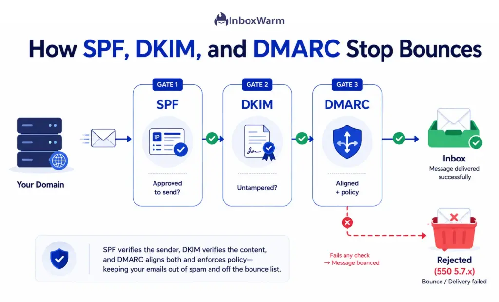 Diagram showing how SPF, DKIM, and DMARC authentication prevent email bounce-backs
