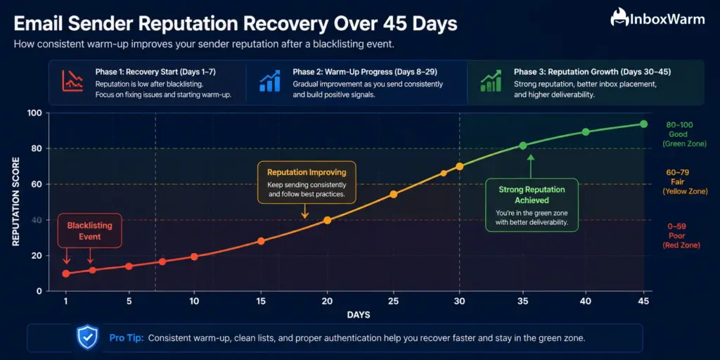 Email sender reputation recovery graph showing warm-up progression over 45 days after a blacklisting event