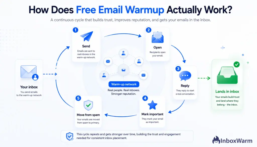 process diagram of the email warmup loop from send to reply to landing in the inbox